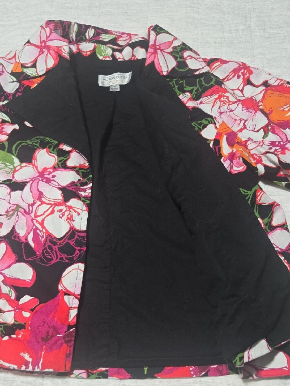 Victor Costa Black Floral-Print Jacket with Pink and Green Accents - Picture 3 of 10
